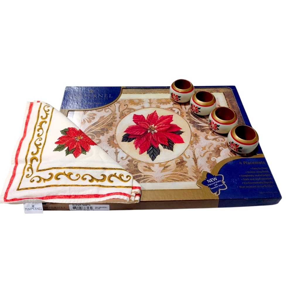 Pimpernel Poinsettia Holiday Placemat & Napkin Set With Ring Holders 4 Pieces